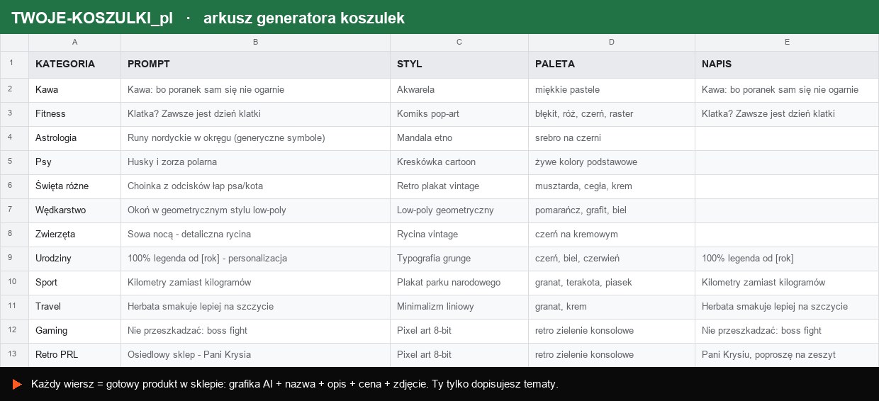 Arkusz generatora TWOJE-KOSZULKI.pl — kategoria, prompt, styl, paleta i napis zamieniane w gotowe produkty (grafika AI, nazwa, opis, cena, zdjęcie)