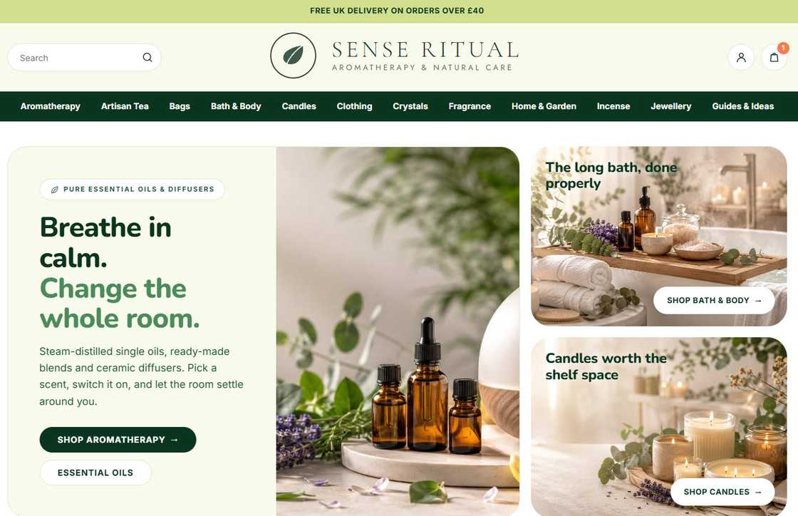 senseritual.com — strona główna gotowego sklepu na rynek brytyjski (aromaterapia i wellness)